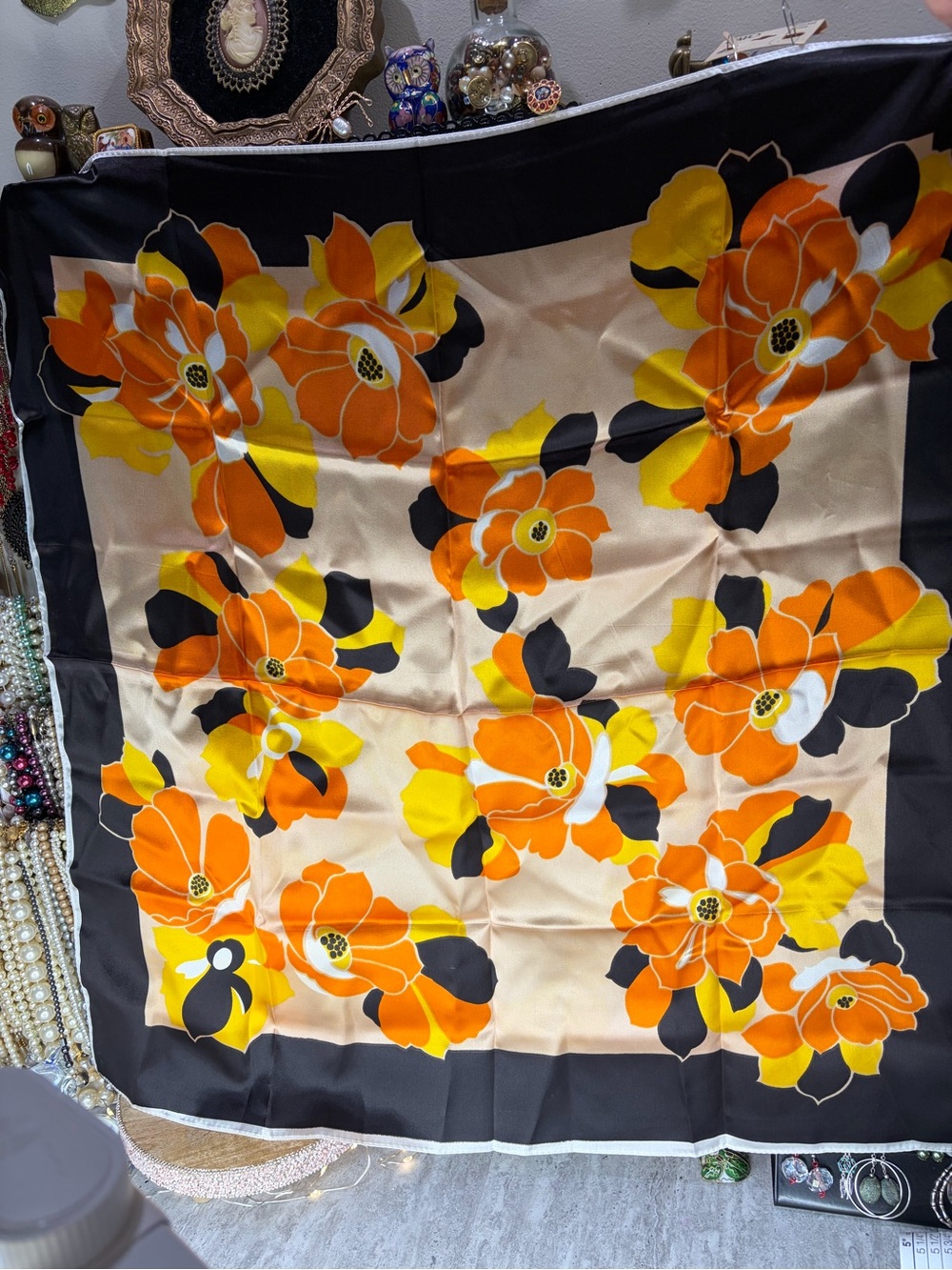 Vintage 70s Scarf Japan Floral Flowers Vibrant Boho Retro Mod Hippie